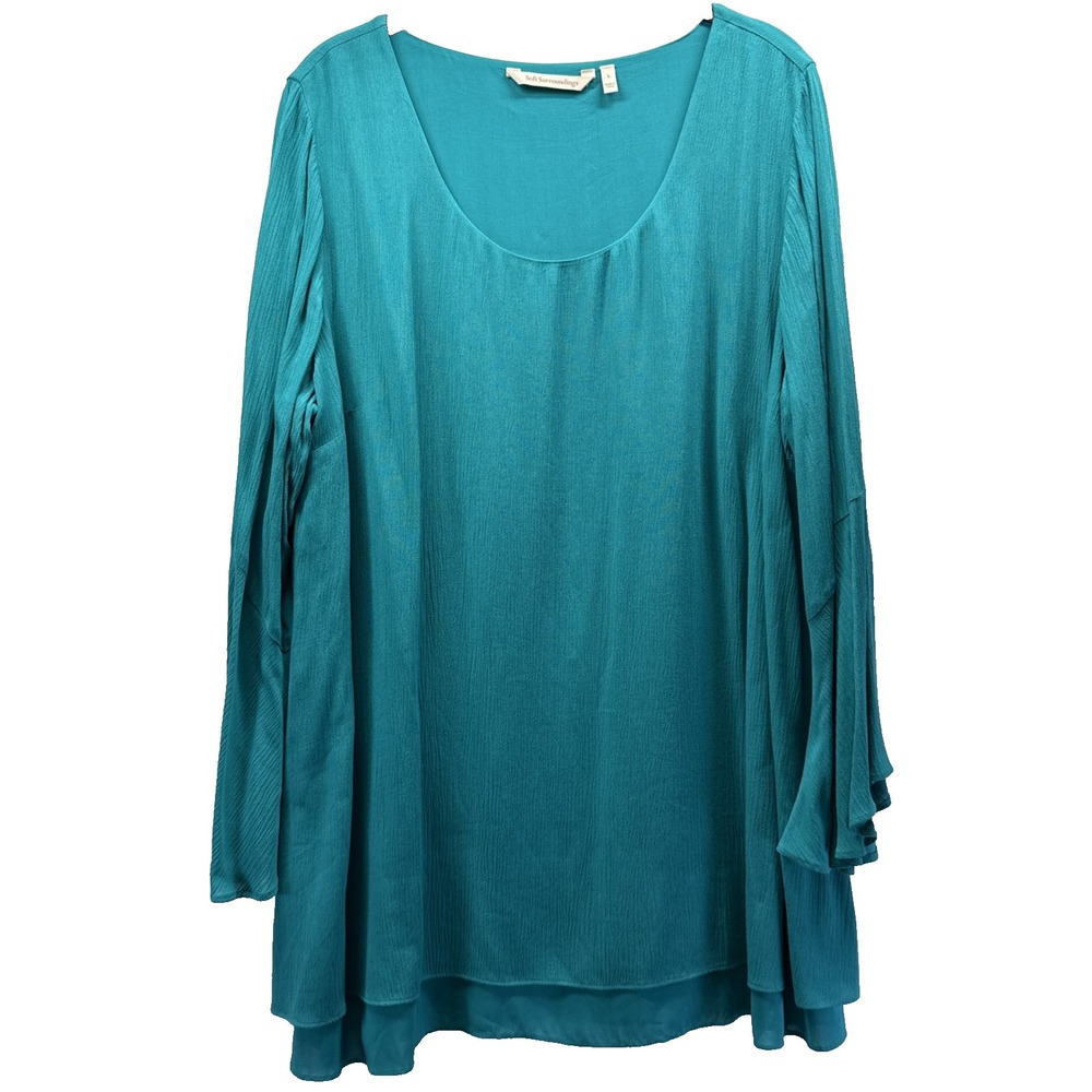 Soft Surroundings Women's Tunic Top Size Large Solid Teal Long Bell Sleeve Boho
